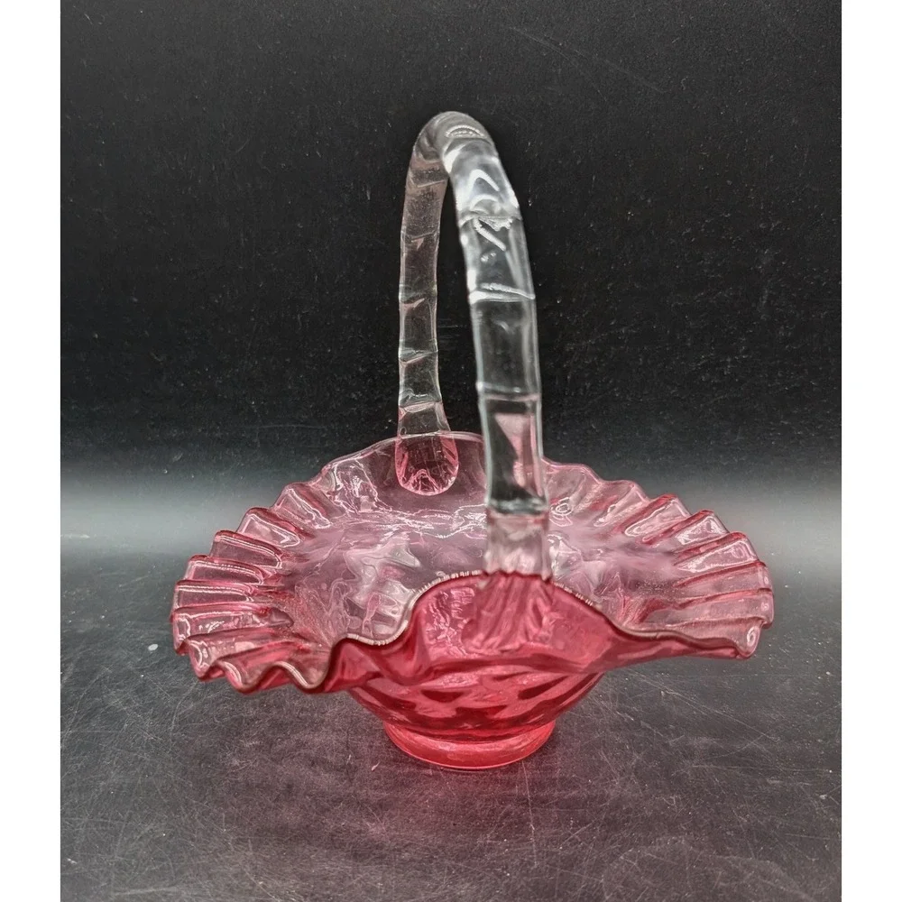 Vintage Cranberry Glass Basket Diamond Quilt Ruffled Rim Clear Thorn Handle Pink